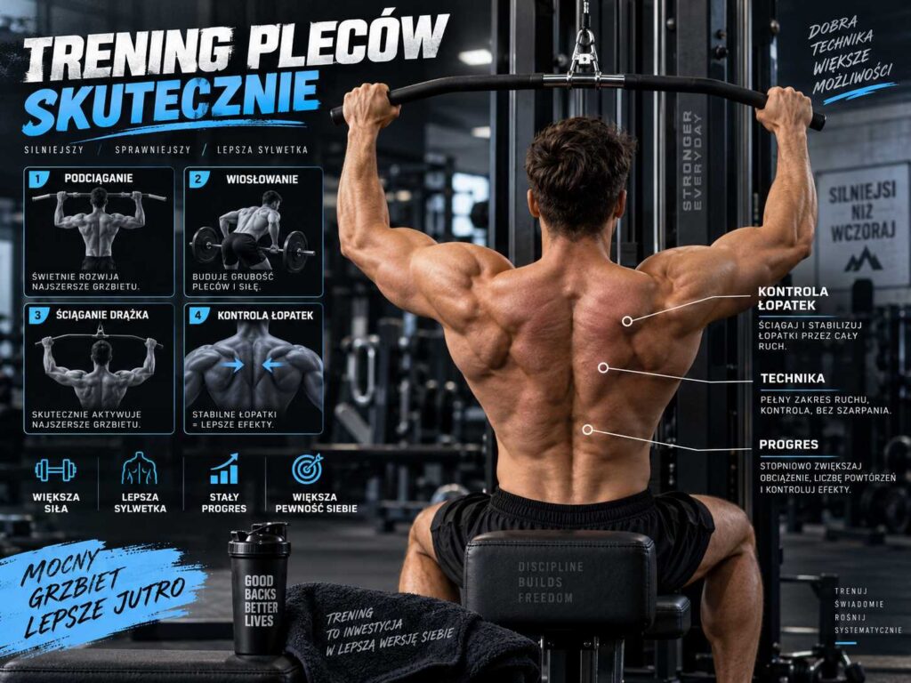 Trening pleców skutecznie – mężczyzna ćwiczy na wyciągu, a grafika pokazuje podciąganie, wiosłowanie, ściąganie drążka, kontrolę łopatek, technikę i progres.