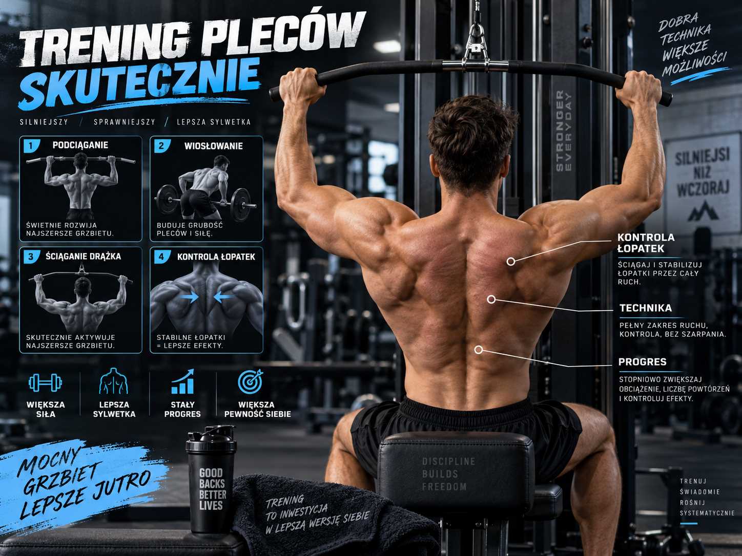 Trening pleców skutecznie – mężczyzna ćwiczy na wyciągu, a grafika pokazuje podciąganie, wiosłowanie, ściąganie drążka, kontrolę łopatek, technikę i progres.