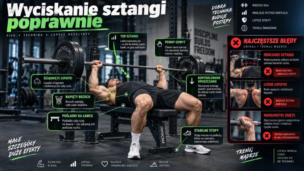 Wyciskanie sztangi poprawnie – mężczyzna wykonuje wyciskanie na ławce, a grafika pokazuje tor sztangi, ściągnięte łopatki, stabilne stopy, napięty brzuch i najczęstsze błędy techniczne.